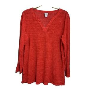 Chicos Red 100% Linen Slub Knit V-Neck Long Sleeve Tunic Top Womens Size 1 M